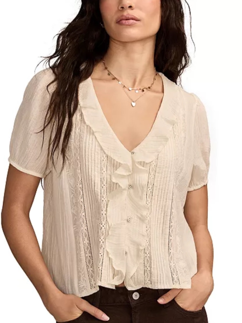 Lucky Brand Women's Ruffle-Front Pintuck Short-Sleeve Cotton Blouse sz S